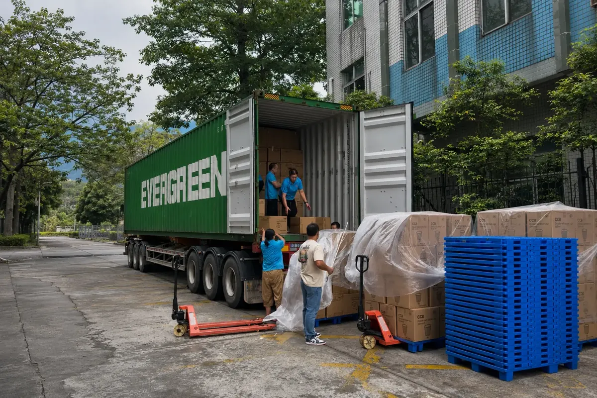 Mefull Paper cartons and pallets being loaded into an export shipping container